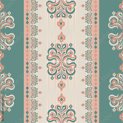 Elegant ikat-inspired textile designs in peach, mint, and cream tones. Perfect for saree fabric borders, ethnic patterns, and traditional Indian textile projects.