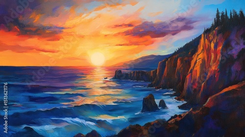 Artistic impression of sunset over the ocean, painted with vivid and bold strokes