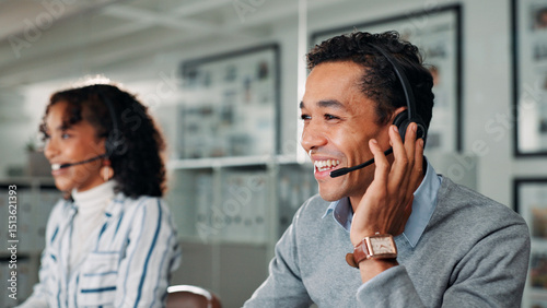 Photos Headset, people and call center consultants in office for lead generation, crm or help desk consultation