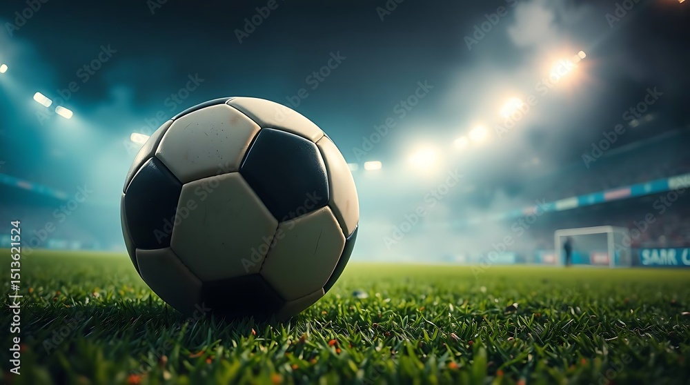 Fototapeta premium Soccer ball on the green grass field in a stadium under the bright lights during a soccer game at night