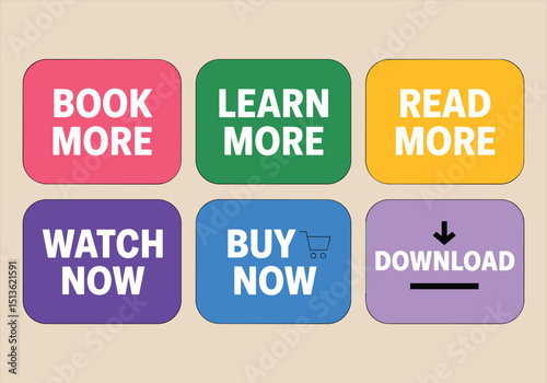 Vector illustration of colorful call-to-action buttons - book more, learn more, read more, watch now, buy now, download - buttons, call-to-action, vector, colorful, web, UI, icons, marketing, digital.