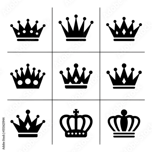 Nine Distinct Black Crown Icons A Vector Graphic Set