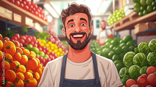 Illustration of a cheerful farmer selling his products at a farmers' market.
