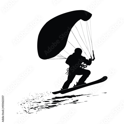A person kite skiing on snow silhouette