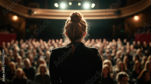 An impactful image of a speaker standing before a large audience, creating a sense of engagement and anticipation within a well-lit theater setting for a memorable moment.