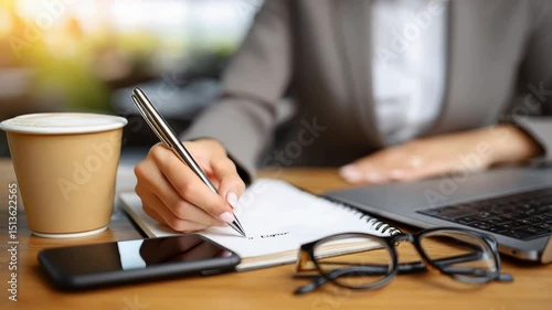 Professional woman sitting at cafe table, writing notes in notebook while working with laptop, smartphone, eyeglasses, and coffee nearby, focusing on business project and strategy