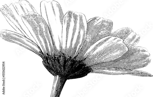 Engraved botanical illustration of chamomile flower for herbal design