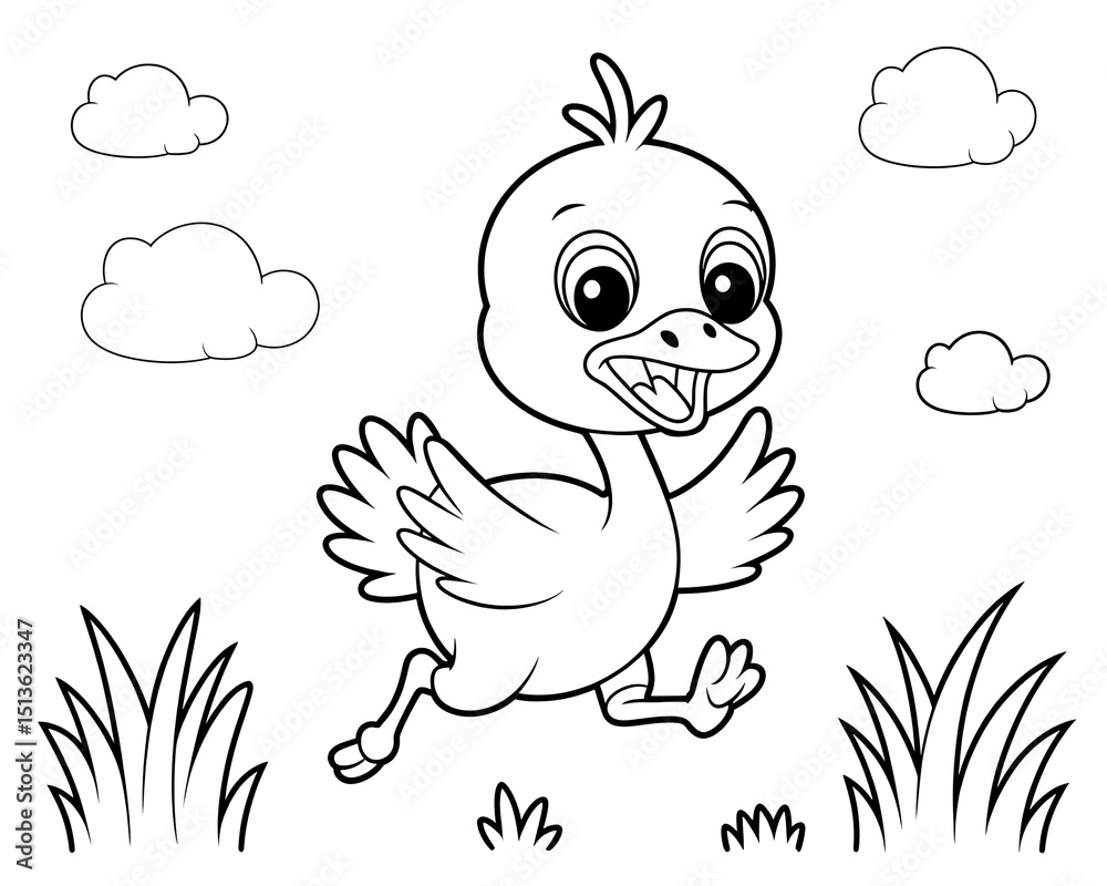 Fototapeta premium A happy cartoon duckling running through grass with a cheerful expression surrounded by fluffy clouds perfect for a coloring page.