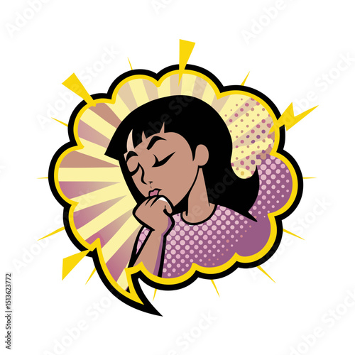 Woman deep in thought in pop art comic style on transparent background, vector image  