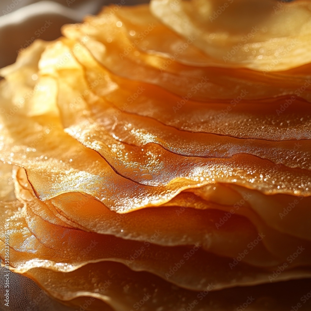Obraz premium Golden Stack: Close-up of Delicious Homemade Crepes, a Culinary Delight for Breakfast or Dessert, Showcasing Textural Perfection and Warm, Inviting Tones