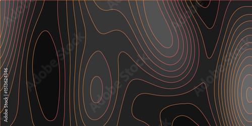 Abstract black colorful background with Topographic line map pattern. abstract wavy and curved lines background. linear map. Dark seamless design. Bold tile able isolines pattern. Vector illustration.