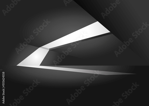 3d rendering of blank dark interior hall with lighting from the roof, for modern futuristic car concept showcase, warehouse building background, sports display, tech product design concept or mockup