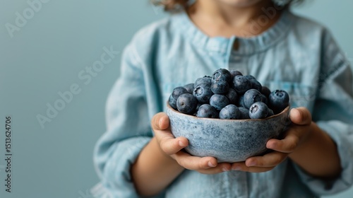 A cute child proudly holding a bowl filled with fresh blueberries, capturing innocence and joy associated with natural fruits and healthy eating habits.