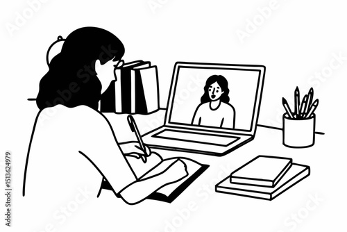 Young woman student is taking notes on notebook during learning lessons online on laptop with lecturer to preparing for examination in college