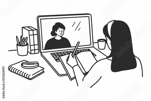 Young woman student is taking notes on notebook during learning lessons online on laptop with lecturer to preparing for examination in college