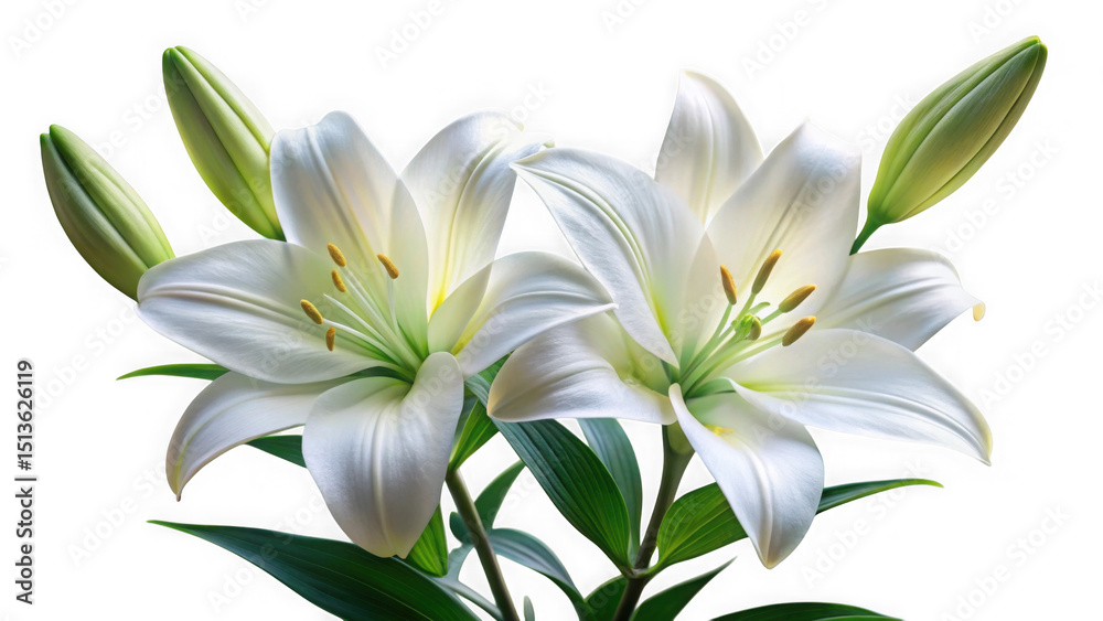 Fototapeta premium Elegant white lilies with green leaves isolated on transparent background