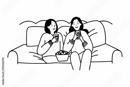 Young woman lesbian couple in sweater sitting on the comfortable sofa to watching cinema together in living room at home and eating delicious popcorn with drinking hot chocolate