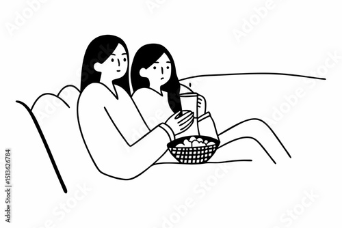 Young woman lesbian couple in sweater sitting on the comfortable sofa to watching cinema together in living room at home and eating delicious popcorn with drinking hot chocolate