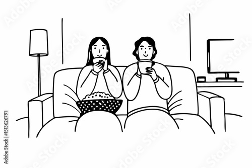Young woman lesbian couple in sweater sitting on the comfortable sofa to watching cinema together in living room at home and eating delicious popcorn with drinking hot chocolate
