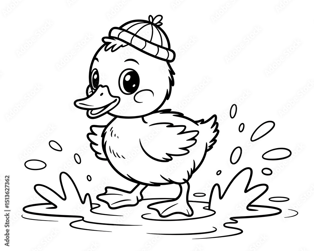 Fototapeta premium Adorable line art illustration of a happy cartoon duckling wearing a hat playing in the water ideal for coloring page activities.