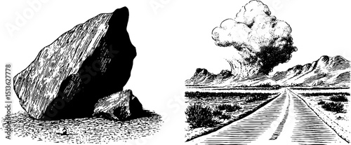 Engraved illustration set of ancient desert road and rock formation