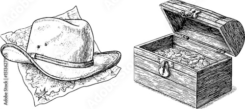 Engraved illustration of ancient treasure map and chest with cowboy hat