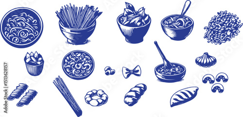 
Hand drawn pasta set. Various Mediterranean pasta. Italian food illustrations for cafe or restaurant menu. Doodle sketch icons