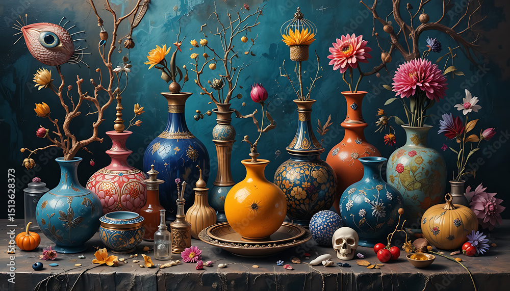 Naklejka premium Surreal Still Life Colorful Vases, Flowers, and Mystical Objects
