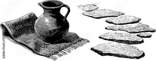 Intricate engraving of an ancient water pot and stone pathway design