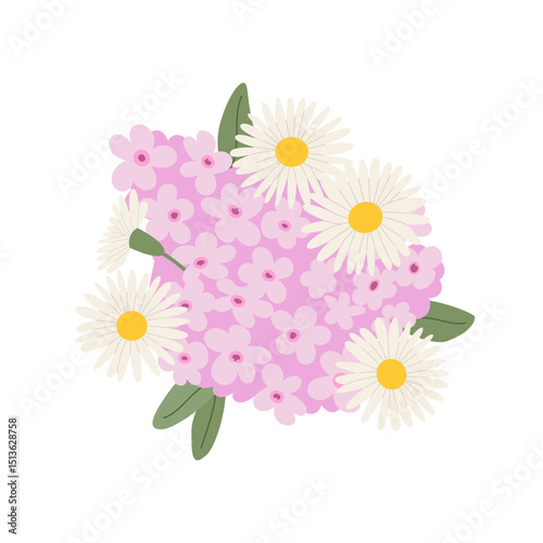 Bouquet of pink lilac flowers, chamomiles and leaves. Botanical vector flat floral illustration. Spring clipart for greeting cards