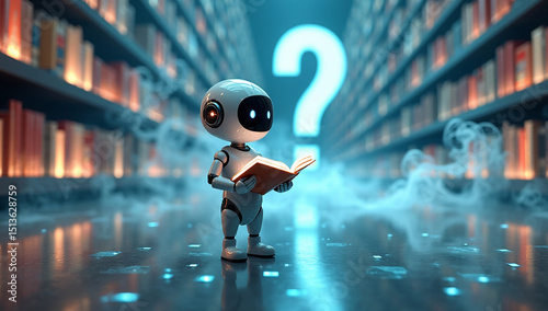 Cute Robot Reads a Book in Mystical Library Artificial Intelligence Learning Research and Future Education Wonder