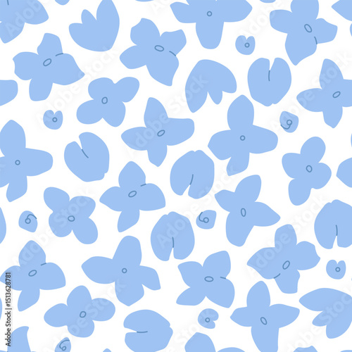 Spring botanical seamless pattern with abstract blue flowers. Vector flat blossom background