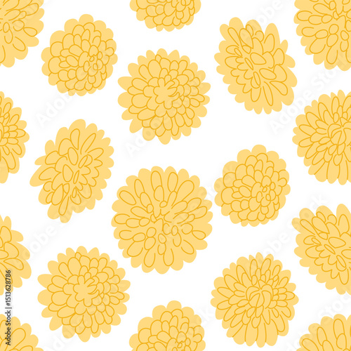 Spring botanical seamless pattern with yellow dahlia flowers. Vector flat blossom background