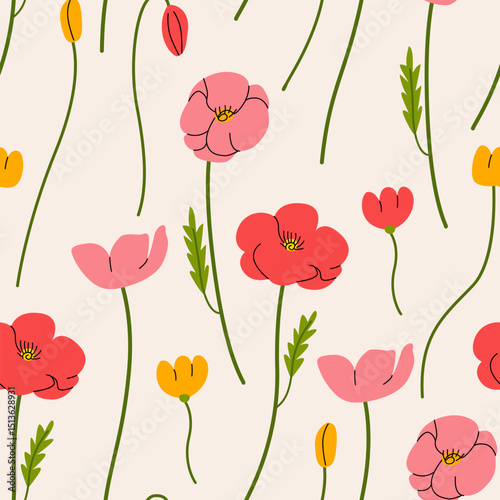 Seamless pattern with poppy flowers. Botanical vector flat background with flowers and leaves