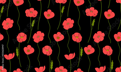 Seamless pattern with poppy flowers. Botanical vector flat background with flowers and leaves	