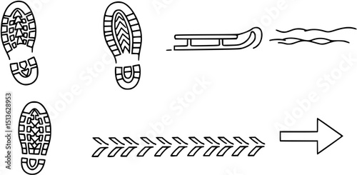 Footprints and Sled Tracks. Outline icon set of footprints and sled tracks: boot print, sled runner, snow trail, directional arrow
