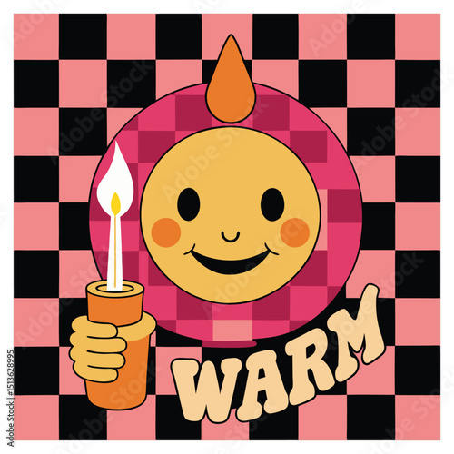 Cheerful Cartoon Character Holding a Lit Candle Warm and Cozy Retro Illustration
