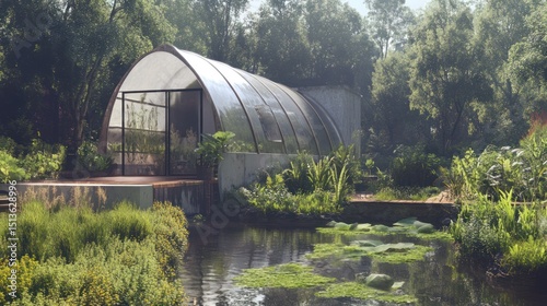 Botanical sanctuary, a modern greenhouse nestled amidst a verdant lakeside oasis
