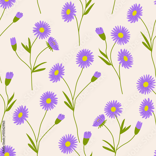 Botanical seamless pattern with aster flower branches and leaves. Vector flat floral background for textile, fabric design, fashion and other surfaces