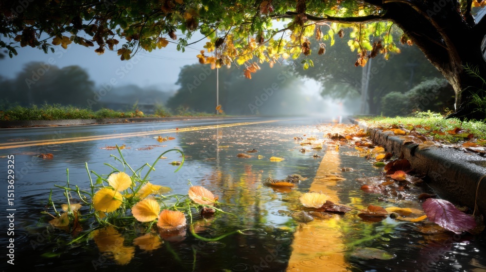 Fototapeta premium Rainy day reflections on a leaf-laden road nature scene autumn vibes serene environment low angle view