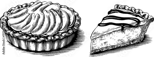 Engraved dessert illustration set featuring banoffee pie and banana slice for culinary art design
