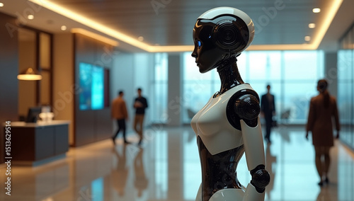 Futuristic AI in the Modern Office Robot Portrait Artificial Intelligence Technology Automation Innovation Workplace