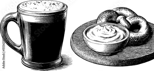 Vintage beer mug and pretzel engraving for oktoberfest celebration design