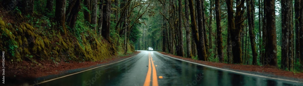Fototapeta premium Driving through a rainy forest road pacific northwest scenic view tranquil environment nature's beauty