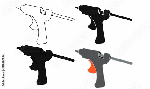 Black and white outline, silhouette and filled glue gun icons, side view, vector set for icon,logo,symbol crafting,DIY tools, glue gun vector collection isolated white background.