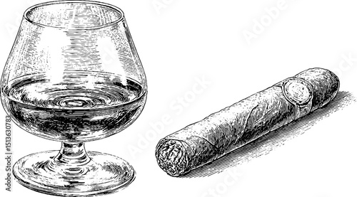 Vintage brandy glass and cigar engraving art for classic beverage and smoking culture