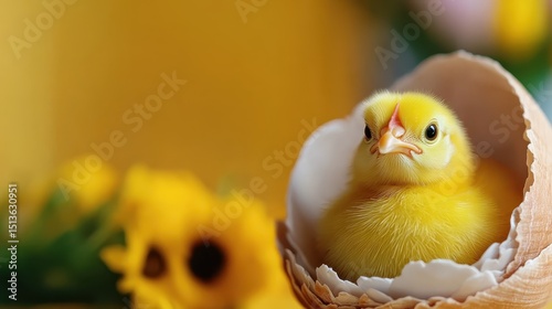 A cute yellow chick peeks out from its shell, symbolizing new beginnings and innocence, capturing the beauty of nature's life cycle in a delightful moment of joy.