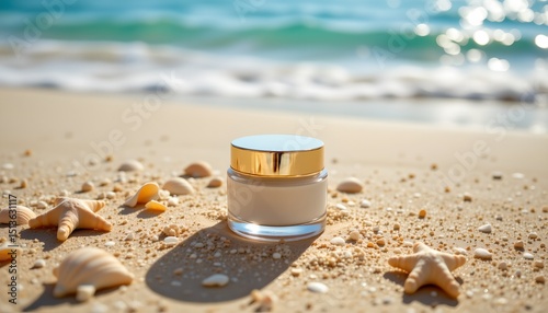 Fototapeta Naklejka Na Ścianę i Meble -  the bottle should have no label, no text, no logo, and no images or decorative elements on it glass jar of cream on sandy beach with seashells, sunlit holiday glow, tropical skincare style