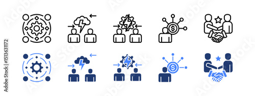Strategic alliance icon set with Synergy, Conflict Of Interest, Conflict Resolution, Profit Sharing, Partnership.