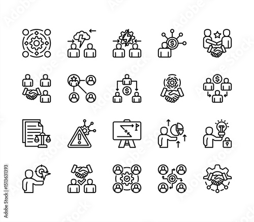 Strategic alliance icon collection set. Containing partnership, collaboration, joint venture, cooperative agreement, synergy, shared objective, mutual benefit icon. Simple line vector.